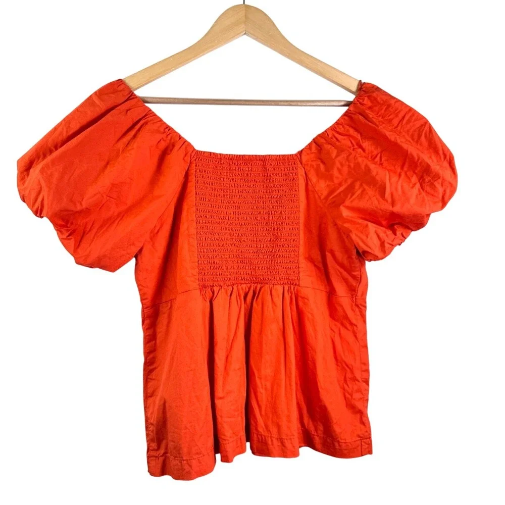 Old Navy Puff‎ Sleeve Blouse sz L Orange Smocked Back poplin preppy regency
